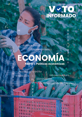 Portada de la revista de Economía, parte 1: políticas económicas. El fondo es una fotografía de una mujer cultivando. 