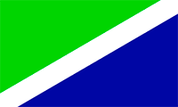 Bandera del Partido Progreso Social Democrático: Son dos franjas diagonales, la de arriba de color verde limón y el abajo azul, ambs franjas diagonales están divididas por una línea blanca desde la esquina inferior izquierda a la esquina superior derecha.