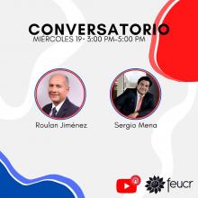 Fotografía invitación al conversatorio, con la fotografía de las personas participantes: Roula Jiménez y Sergio Mena..