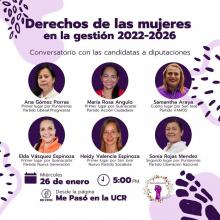 Imagen del evento, con la fotografía de las candidatas a las diputaciones: Ana Gómez (primer lugar Puntarenas), María Rosa Angulo (Primer lugar Guanacaste), Samantha Araya (cuarto lugar San José), Elda Vásquez (Primer lugar Guanacaste), Heidy Valencia (primer lugar San José) y Sonia Rojas (Segundo lugar Puntarenas).