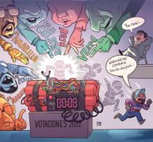 Ilustración, caricaturizada, de una caja con el texto "votaciones 2022" con una bomba que debe ser desarmada cortando un cable de color (hay muchos cables con colores), mientras salen diversos personajes, representando a las personas candidatas, gritando su color para desactivar la bomba. Mientras Carlos Alvarado está sentado en una silla relajado y la persona encargada de desactivar la bomba, que representa a Costa Rica, huye de la escena diciendo "ninguno me convence, decido después".