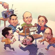 Imagen ilustrada caricaturesca que presenta a los candidatos José María Figueres, Lineth Saborío, Eliécer Feinzaig, Rodrigo Cháves, José María Villalta y Fabricio Alvarado jugando a las "sillitas calientes", con dos sillas, una con el texto de "segunda ronda".