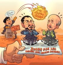 Caricatura que miestra una mano sosteniendo un papel que dice "Juego por los votos del sector público", donde están los candidatos presidenciales de la segunda ronda viendo hacia arriba una "papa caliente" de la Ley de Empleo Público que lanzó Carlos Alvarado diciendo "A ustedes les toca", mientras se apoya en una lápica de la Fracción del PAC con un letreto que dice "Votamos pero ya no jugamos". 