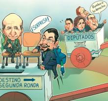 Caricatura de una carreta con dos sillas, en una sentado José María Figueres y en la otra se está sentando Rodrigo Chaves que se está subiendo a la carreta diciendo "sorpresa". Hay una segunda carreta que dice "diputados" con Fabricio Alvarado, Pilar Cisneros, Rodrigo Arias y Eliécer Feinzaig.