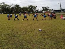 Personas jugnado en un campo de césped. Parece un equipo de Rugby.