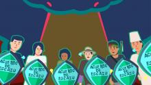 Ilustración de personas con escudos que tiene el texto de "Acuerdo de Escazú".