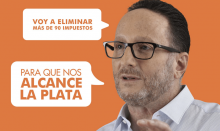 Fotografía del candidato presidencial Eliécer Feinzaig, con unos globos de texto con: "voy a eliminar más de 90 impuestos" y "para que nos alcance la plata".