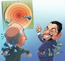 Caricatura que muestra a ambos candidatos a la presidencia (Rodrigo Chaves y José María Figueres) jugando a los dardos, Chaves tiene el dardo más cerca del centro, pero ambos tienen clavados en su espalda los dardos de su contrincante.