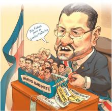 Caricatura de Rodrigo Chaves con una caja con las distintas personas ministras.